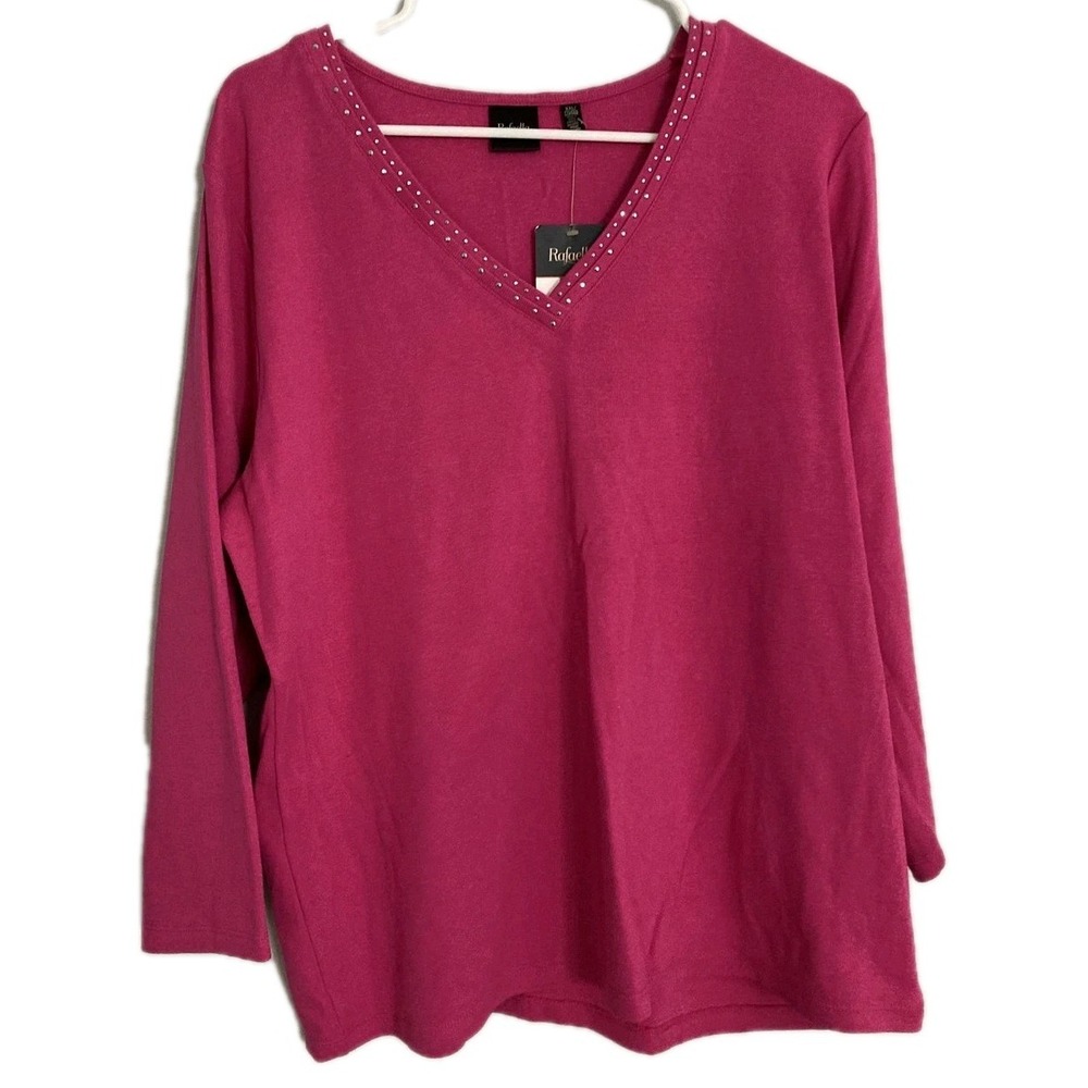 Rafaella Shirt Women XXL Pink Rose Studded Vneck 3/4 Sleeve Cotton Basic Top NWT
